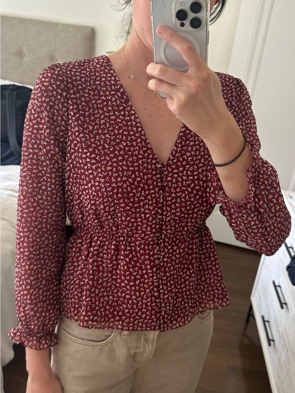 Madewell Burgundy Floral V-Neck Peplum Blouse